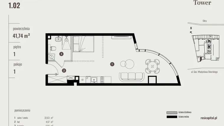 Rzut - Mieszkanie na sprzedaż 1 pokój o powierzchni 42,08 m² - numer 1.02 w Quorum Tower