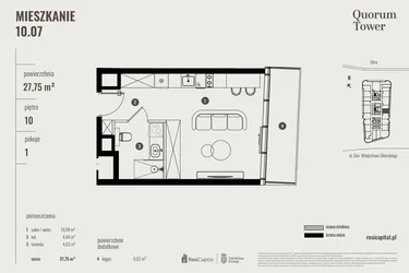 Rzut - Mieszkanie na sprzedaż 1 pokój o powierzchni 27,75 m² - numer 10.07 w Quorum Tower