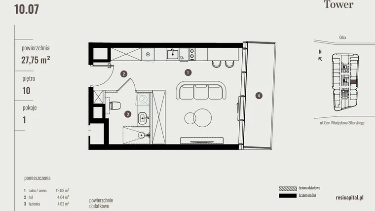 Rzut - Mieszkanie na sprzedaż 1 pokój o powierzchni 27,75 m² - numer 10.07 w Quorum Tower