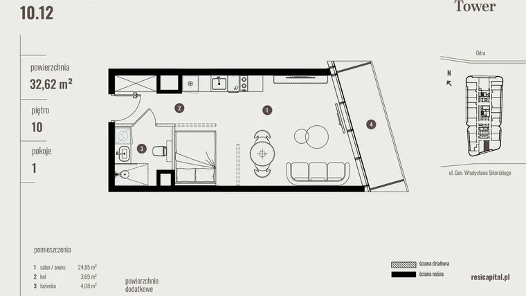 Rzut - Mieszkanie na sprzedaż 1 pokój o powierzchni 32,78 m² - numer 10.12 w Quorum Tower