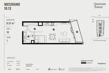 Rzut - Mieszkanie na sprzedaż 1 pokój o powierzchni 37,75 m² - numer 10.13 w Quorum Tower
