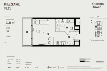 Rzut - Mieszkanie na sprzedaż 1 pokój o powierzchni 27,58 m² - numer 10.20 w Quorum Tower