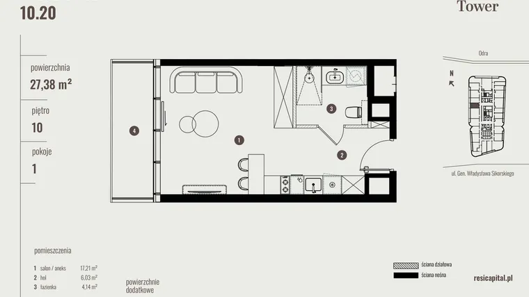 Rzut - Mieszkanie na sprzedaż 1 pokój o powierzchni 27,58 m² - numer 10.20 w Quorum Tower
