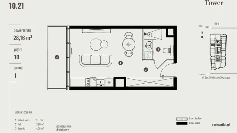 Rzut - Mieszkanie na sprzedaż 1 pokój o powierzchni 28,28 m² - numer 10.21 w Quorum Tower