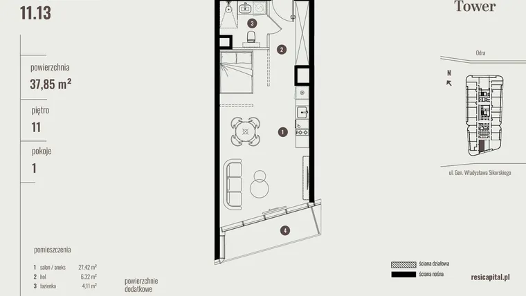 Rzut - Mieszkanie na sprzedaż 1 pokój o powierzchni 38,03 m² - numer 11.13 w Quorum Tower
