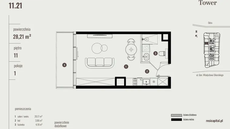 Rzut - Mieszkanie na sprzedaż 1 pokój o powierzchni 28,21 m² - numer 11.21 w Quorum Tower
