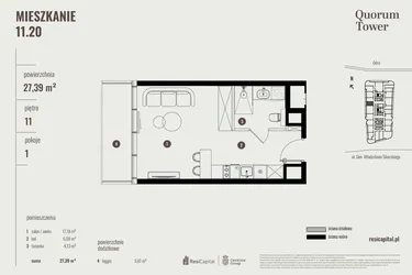 Rzut - Mieszkanie na sprzedaż 1 pokój o powierzchni 27,6 m² - numer 11.20 w Quorum Tower