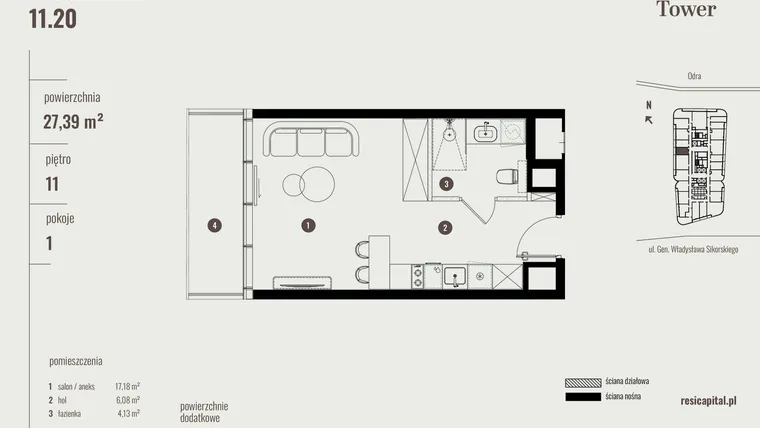 Rzut - Mieszkanie na sprzedaż 1 pokój o powierzchni 27,6 m² - numer 11.20 w Quorum Tower