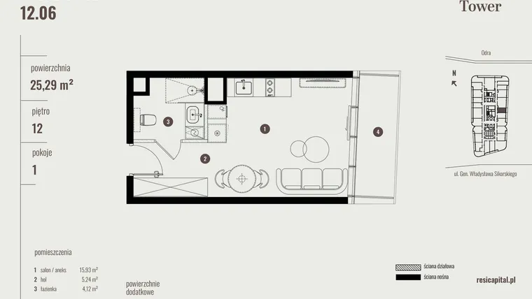 Rzut - Mieszkanie na sprzedaż 1 pokój o powierzchni 25,29 m² - numer 12.06 w Quorum Tower