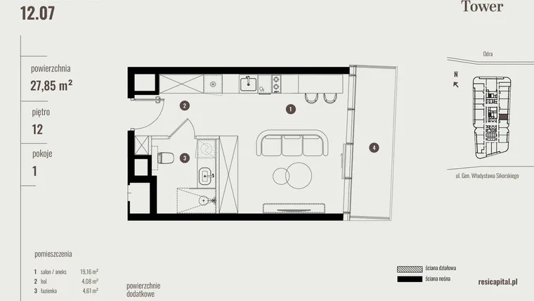 Rzut - Mieszkanie na sprzedaż 1 pokój o powierzchni 27,85 m² - numer 12.07 w Quorum Tower