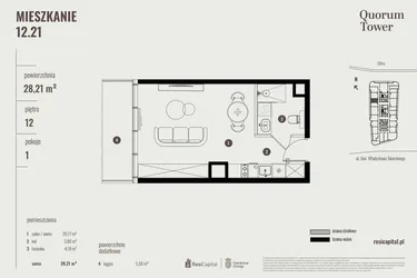 Rzut - Mieszkanie na sprzedaż 1 pokój o powierzchni 28,46 m² - numer 12.21 w Quorum Tower
