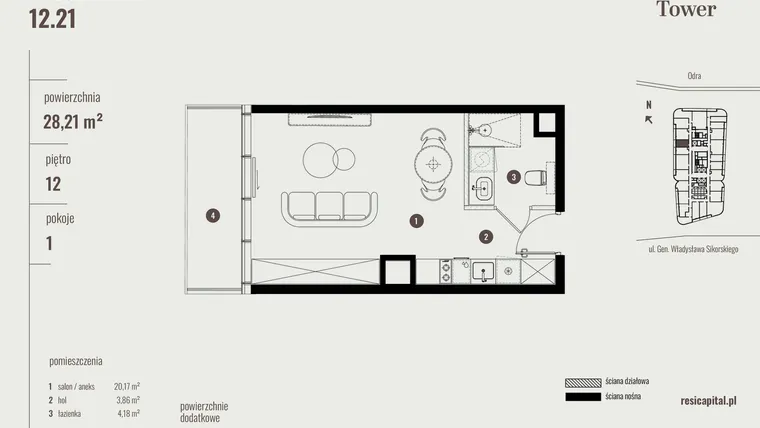 Rzut - Mieszkanie na sprzedaż 1 pokój o powierzchni 28,46 m² - numer 12.21 w Quorum Tower