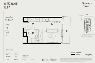 Rzut - Mieszkanie na sprzedaż 1 pokój o powierzchni 28,1 m² - numer 13.07 w Quorum Tower