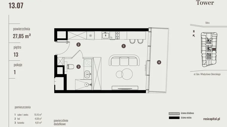 Rzut - Mieszkanie na sprzedaż 1 pokój o powierzchni 28,1 m² - numer 13.07 w Quorum Tower