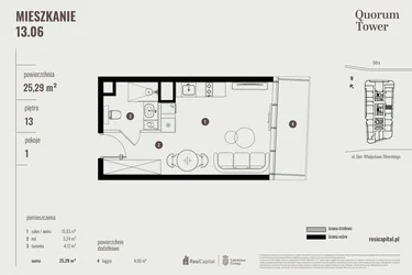Rzut - Mieszkanie na sprzedaż 1 pokój o powierzchni 25,55 m² - numer 13.06 w Quorum Tower
