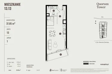 Rzut - Mieszkanie na sprzedaż 1 pokój o powierzchni 38,03 m² - numer 13.13 w Quorum Tower