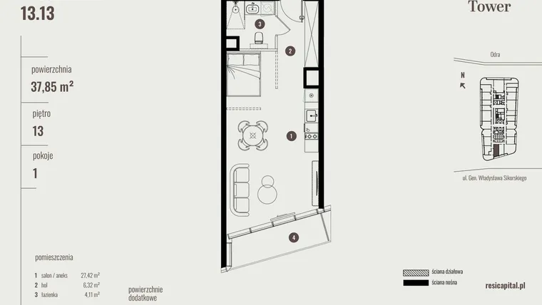 Rzut - Mieszkanie na sprzedaż 1 pokój o powierzchni 38,03 m² - numer 13.13 w Quorum Tower
