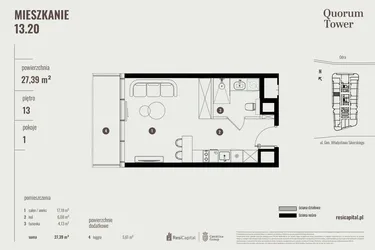 Rzut - Mieszkanie na sprzedaż 1 pokój o powierzchni 27,6 m² - numer 13.20 w Quorum Tower