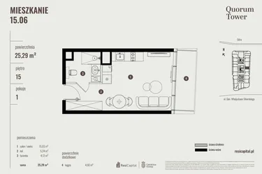 Rzut - Mieszkanie na sprzedaż 1 pokój o powierzchni 25,55 m² - numer 15.06 w Quorum Tower