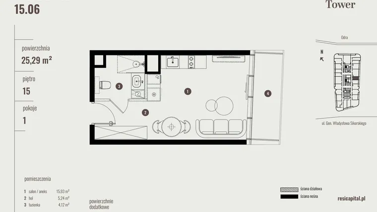 Rzut - Mieszkanie na sprzedaż 1 pokój o powierzchni 25,55 m² - numer 15.06 w Quorum Tower