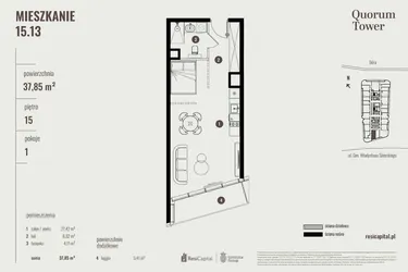 Rzut - Mieszkanie na sprzedaż 1 pokój o powierzchni 38,03 m² - numer 15.13 w Quorum Tower