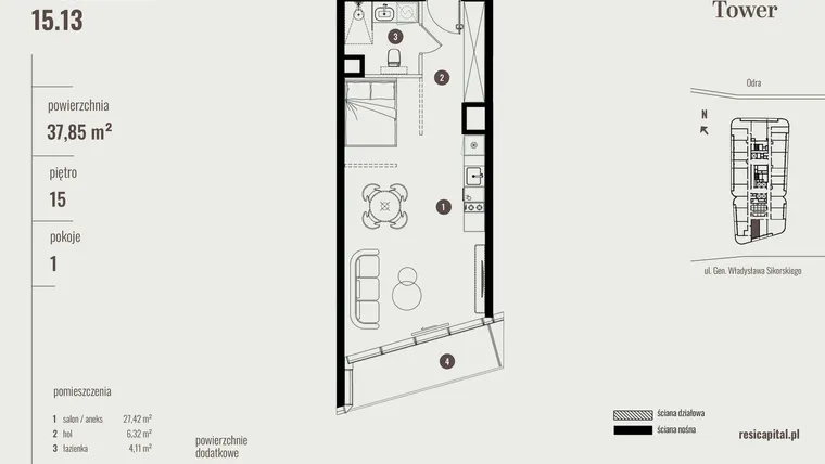 Rzut - Mieszkanie na sprzedaż 1 pokój o powierzchni 38,03 m² - numer 15.13 w Quorum Tower