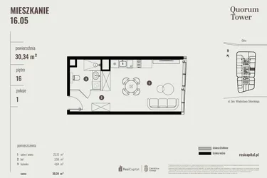 Rzut - Mieszkanie na sprzedaż 1 pokój o powierzchni 30,65 m² - numer 16.05 w Quorum Tower
