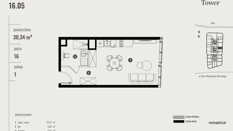 Rzut - Mieszkanie na sprzedaż 1 pokój o powierzchni 30,65 m² - numer 16.05 w Quorum Tower