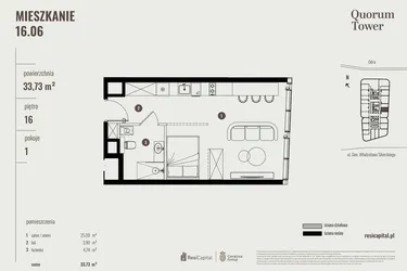 Rzut - Mieszkanie na sprzedaż 1 pokój o powierzchni 34,05 m² - numer 16.06 w Quorum Tower