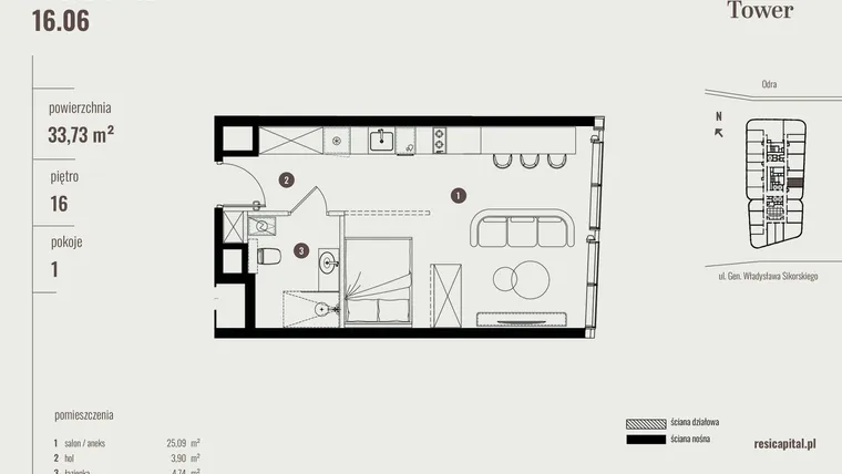 Rzut - Mieszkanie na sprzedaż 1 pokój o powierzchni 34,05 m² - numer 16.06 w Quorum Tower