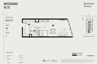 Rzut - Mieszkanie na sprzedaż 1 pokój o powierzchni 43,48 m² - numer 16.12 w Quorum Tower
