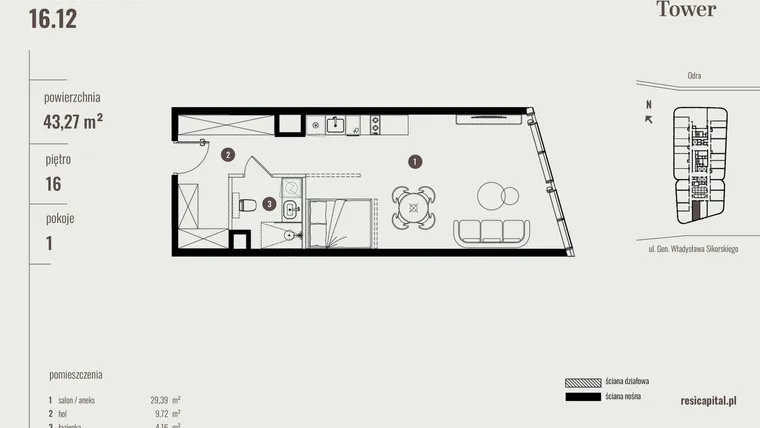 Rzut - Mieszkanie na sprzedaż 1 pokój o powierzchni 43,48 m² - numer 16.12 w Quorum Tower