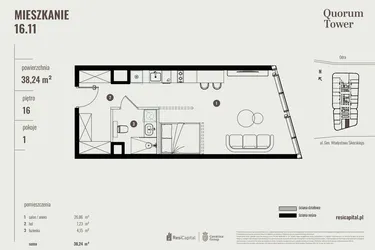 Rzut - Mieszkanie na sprzedaż 1 pokój o powierzchni 38,39 m² - numer 16.11 w Quorum Tower