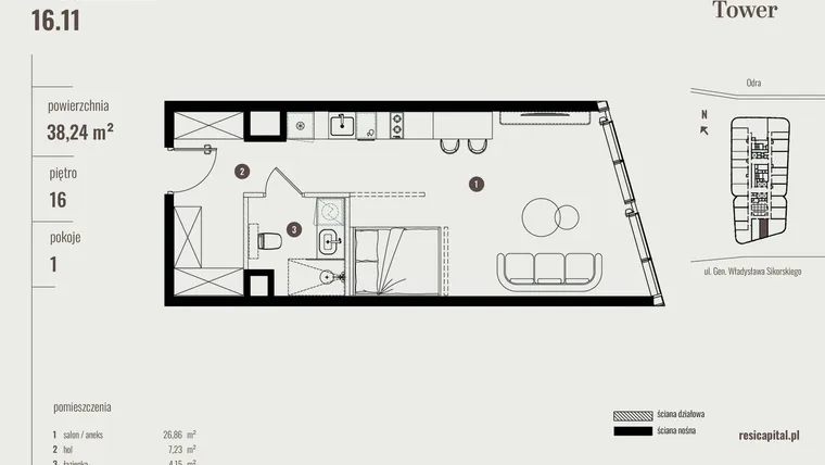 Rzut - Mieszkanie na sprzedaż 1 pokój o powierzchni 38,39 m² - numer 16.11 w Quorum Tower