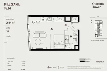 Rzut - Mieszkanie na sprzedaż 1 pokój o powierzchni 29,42 m² - numer 16.14 w Quorum Tower