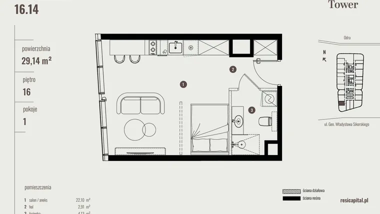 Rzut - Mieszkanie na sprzedaż 1 pokój o powierzchni 29,42 m² - numer 16.14 w Quorum Tower