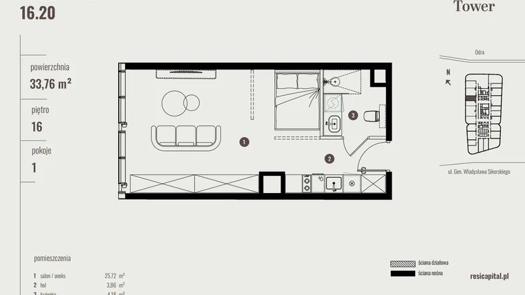 Rzut - Mieszkanie na sprzedaż 1 pokój o powierzchni 34,04 m² - numer 16.20 w Quorum Tower
