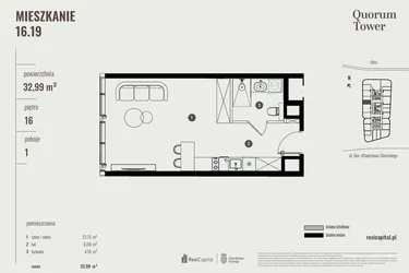 Rzut - Mieszkanie na sprzedaż 1 pokój o powierzchni 33,22 m² - numer 16.19 w Quorum Tower