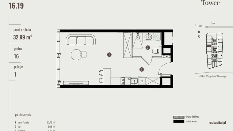 Rzut - Mieszkanie na sprzedaż 1 pokój o powierzchni 33,22 m² - numer 16.19 w Quorum Tower