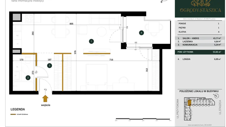 Rzut - Mieszkanie na sprzedaż 1 pokój o powierzchni 53,65 m² - numer A.07 w Ogrody Staszica