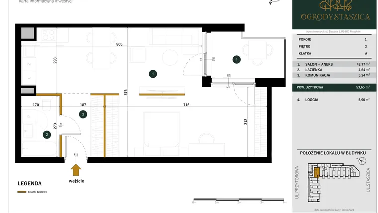 Rzut - Mieszkanie na sprzedaż 1 pokój o powierzchni 53,65 m² - numer A.21 w Ogrody Staszica