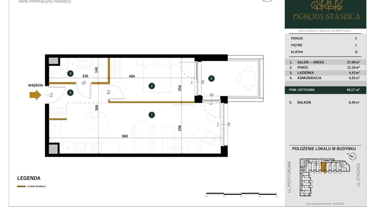 Rzut - Mieszkanie na sprzedaż 2 pokoje o powierzchni 48,17 m² - numer B.49 w Ogrody Staszica