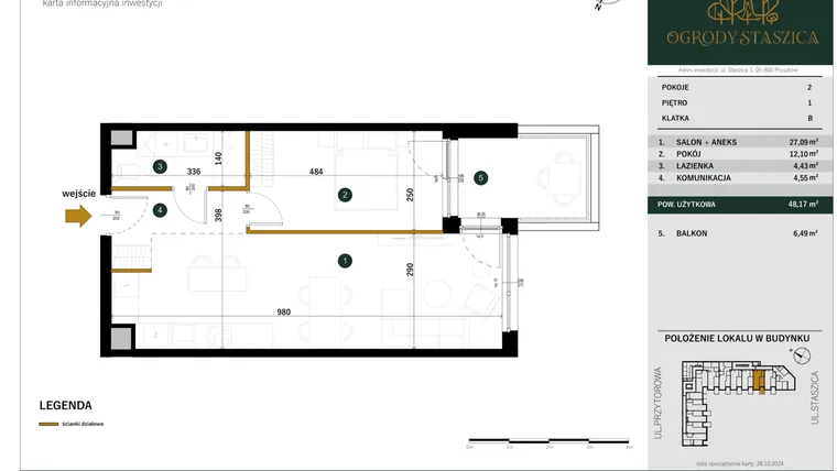 Rzut - Mieszkanie na sprzedaż 2 pokoje o powierzchni 48,17 m² - numer B.51 w Ogrody Staszica