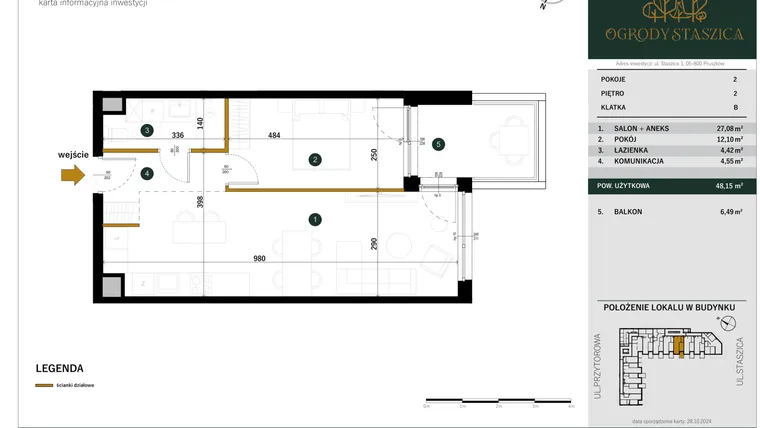 Rzut - Mieszkanie na sprzedaż 2 pokoje o powierzchni 48,15 m² - numer B.56 w Ogrody Staszica