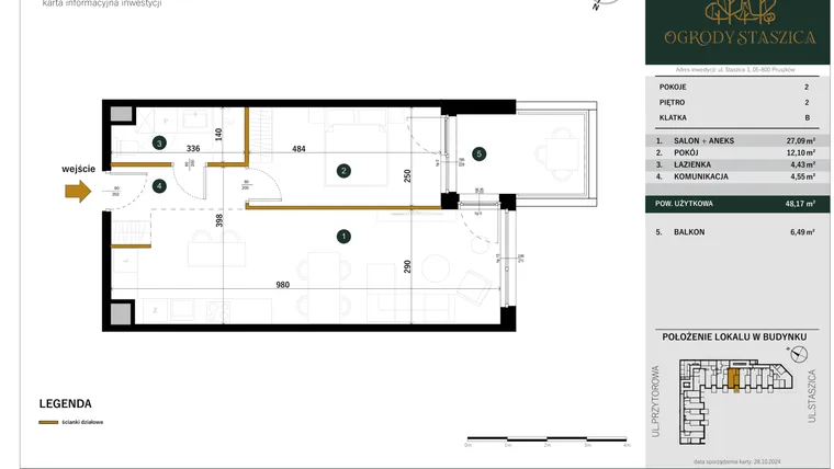Rzut - Mieszkanie na sprzedaż 2 pokoje o powierzchni 48,17 m² - numer B.55 w Ogrody Staszica