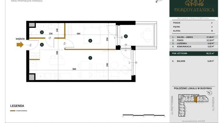 Rzut - Mieszkanie na sprzedaż 2 pokoje o powierzchni 48,15 m² - numer B.68 w Ogrody Staszica