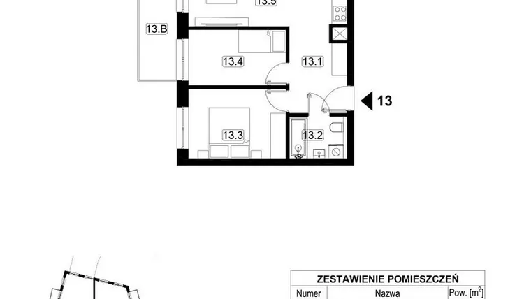 Rzut - Mieszkanie na sprzedaż 3 pokoje o powierzchni 46,17 m² - numer 13 w Kopalniana 7