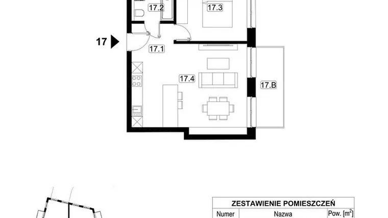 Rzut - Mieszkanie na sprzedaż 2 pokoje o powierzchni 46,36 m² - numer 17 w Kopalniana 7