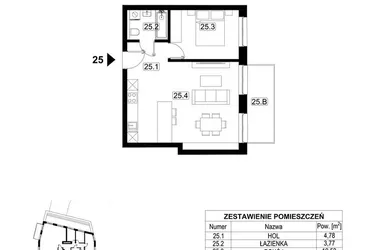 Rzut - Mieszkanie na sprzedaż 2 pokoje o powierzchni 46,36 m² - numer 25 w Kopalniana 7