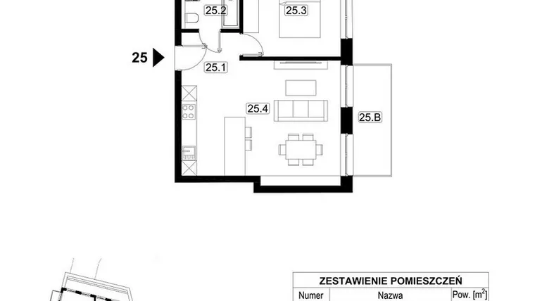 Rzut - Mieszkanie na sprzedaż 2 pokoje o powierzchni 46,36 m² - numer 25 w Kopalniana 7